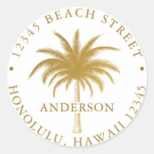 Tropical Palm Tree Gold Return Address Classic Round Sticker