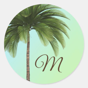 Tropical Palm Tree Green Elegant Monogram Classic Round Sticker