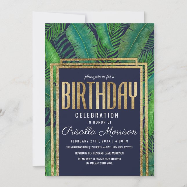 Tropical Palm Tree Green Gold Navy Blue Birthday Invitation (Front)
