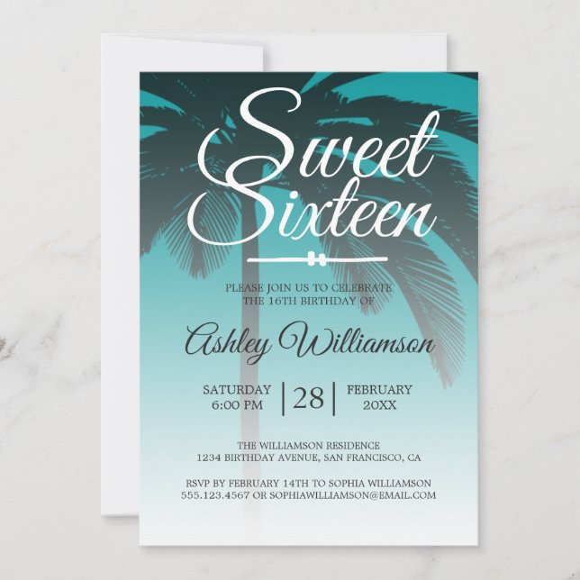 Tropical Palm Tree Green Sweet 16 16th Birthday Invitation (Front)