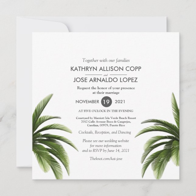Tropical Palm Tree Green Wedding Card (Front)