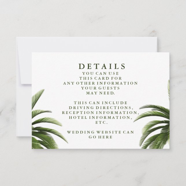 Tropical Palm Tree Green Wedding Details Invitation (Front)