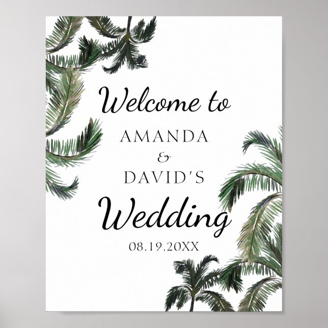 Tropical Palm Tree Greenery Beach Wedding Welcome Poster (Front)