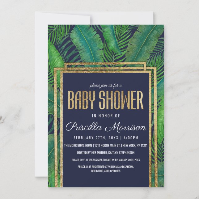 Tropical Palm Tree Greenery Gold Blue Baby Shower Invitation (Front)