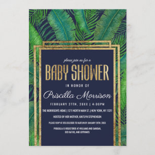 Tropical Palm Tree Greenery Gold Blue Baby Shower Invitation
