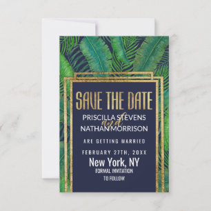 Tropical Palm Tree Greenery Gold Navy Blue Save The Date