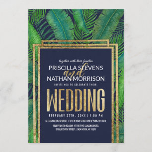 Tropical Palm Tree Greenery Gold Navy Blue Wedding Invitation
