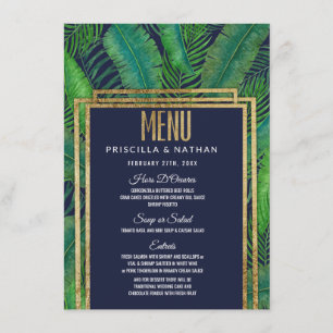 Tropical Palm Tree Greenery Gold Navy Blue Wedding Menu