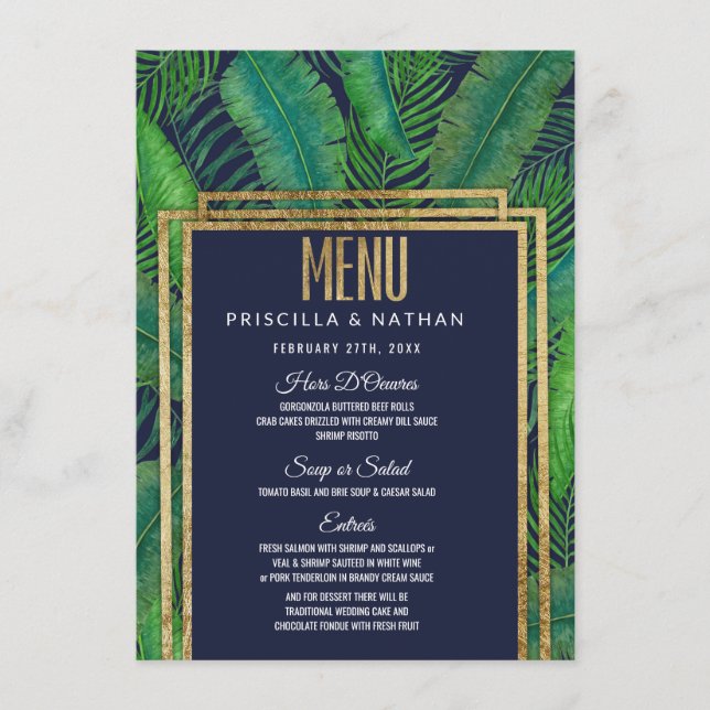 Tropical Palm Tree Greenery Gold Navy Blue Wedding Menu (Front)