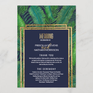 Tropical Palm Tree Greenery Gold Navy Blue Wedding Programme