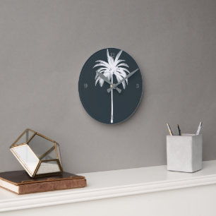 Tropical Palm Tree Grey Elegant Modern  Round Clock