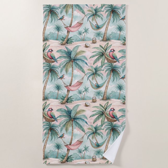 Tropical Palm Tree Hammock Beach Towel with Birds  (Front)