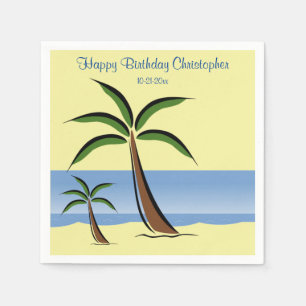 Tropical Palm Tree Happy Birthday Beach Ocean Name Napkin