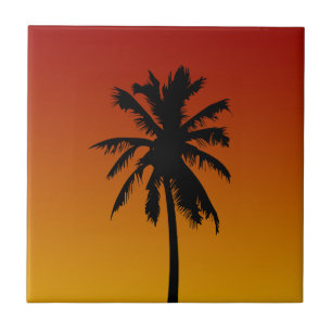 Tropical Palm Tree In Red Orange Sunset Tile