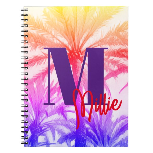 tropical palm tree in retro neon 80's custom name notebook (Front)