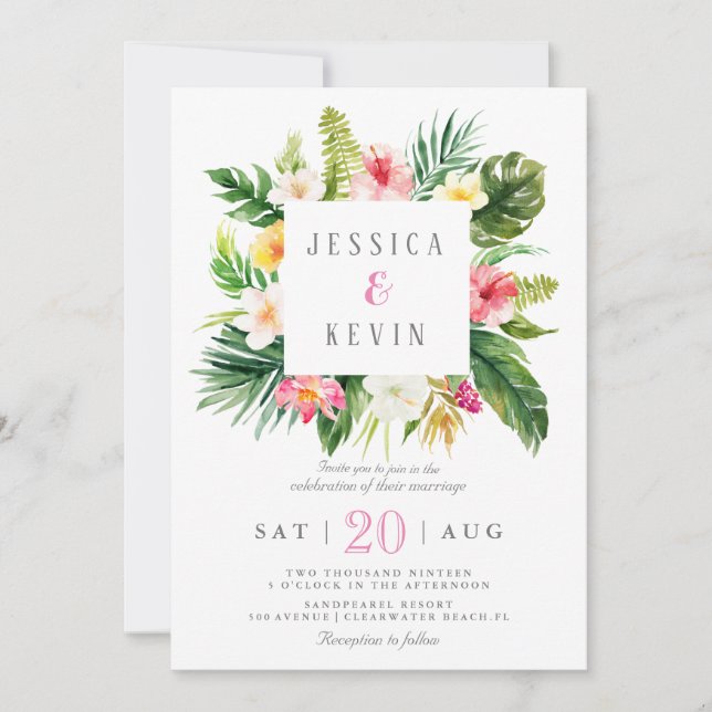 Tropical palm tree leaf and floral Personalised Invitation (Front)