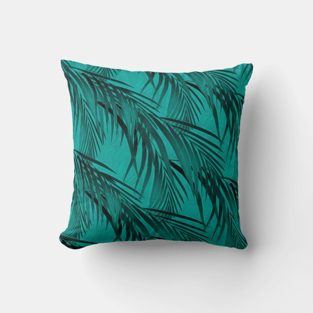 Tropical Palm Tree Leaf Pattern | Turquoise & Teal Cushion (Front)