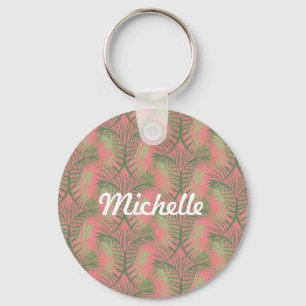 Tropical Palm Tree Leaf Pink Pattern Name Key Ring
