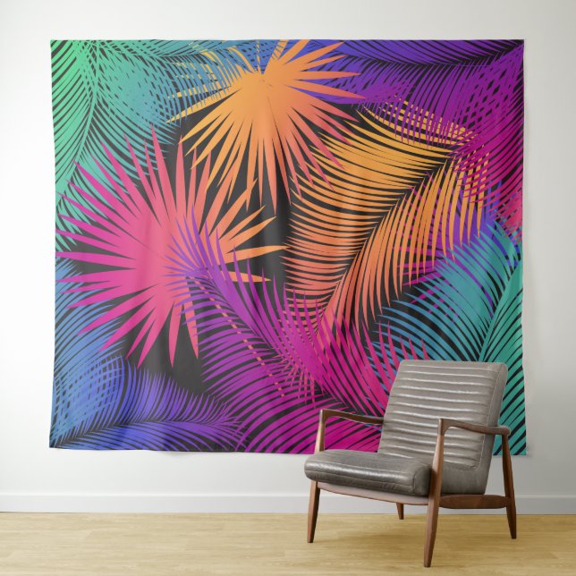 Tropical Palm Tree Leaves Jungle Rainbow Tapestry (In Situ (Horizontal))