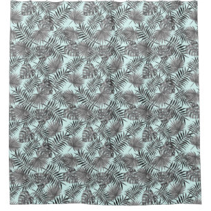 Tropical Palm Tree Leaves Pattern Aqua Blue Silver Shower Curtain