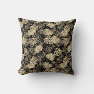 Tropical Palm Tree Leaves Pattern Black Gold Cushion