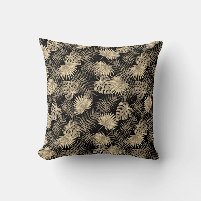 Tropical Palm Tree Leaves Pattern Black Gold Cushion (Front)