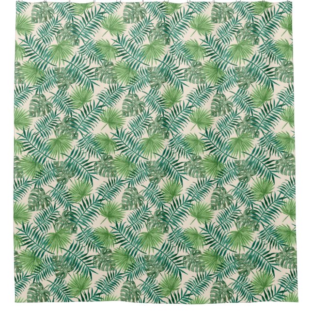 Tropical Palm Tree Leaves Pattern Cream Green Shower Curtain (Front)