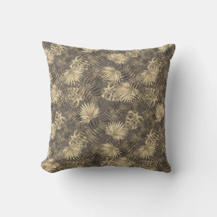 Tropical Palm Tree Leaves Pattern Dark Brown Gold Cushion