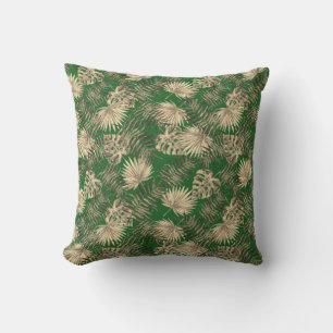Tropical Palm Tree Leaves Pattern Dark Green Gold Cushion
