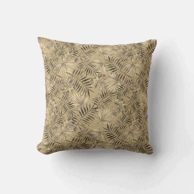Tropical Palm Tree Leaves Pattern Gold Cushion (Front)
