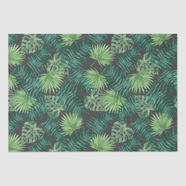 Tropical Palm Tree Leaves Pattern Green Black Tissue Paper (Front)