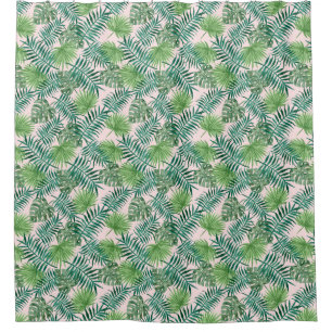Tropical Palm Tree Leaves Pattern Green Pink Shower Curtain