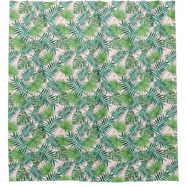Tropical Palm Tree Leaves Pattern Green Pink Shower Curtain (Front)