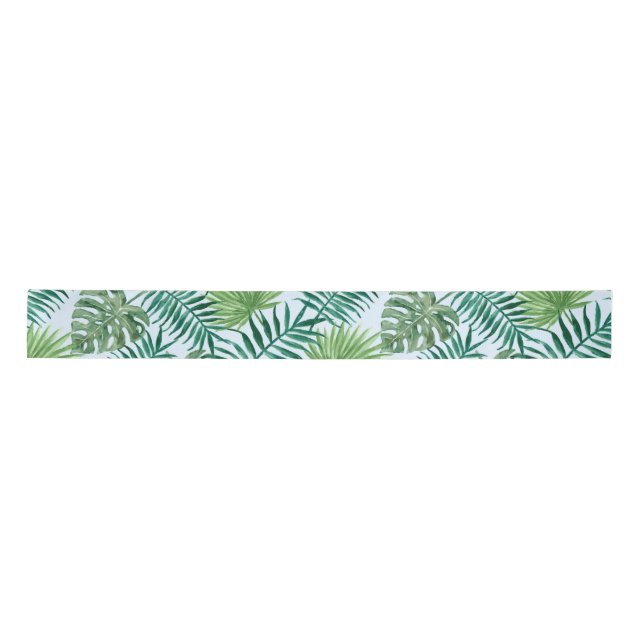 Tropical Palm Tree Leaves Pattern Green Satin Ribbon (Front)