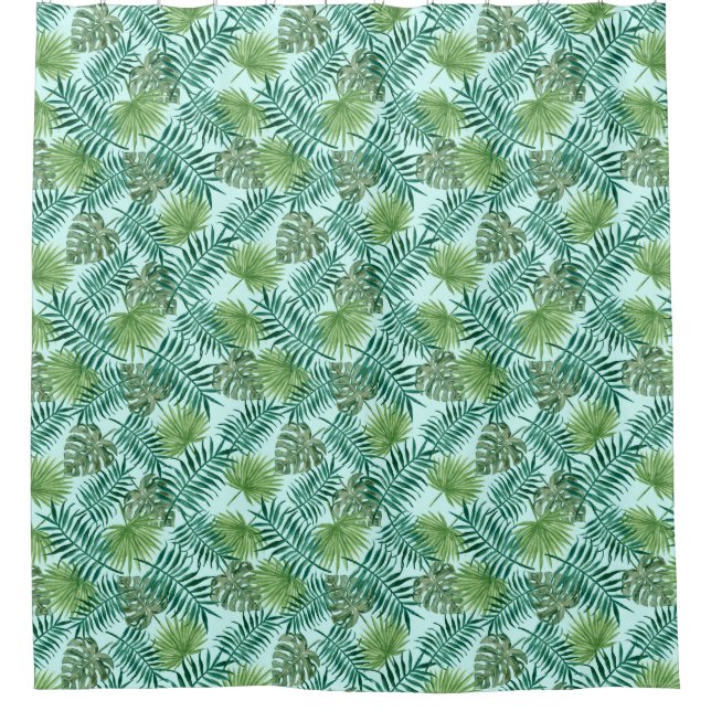 Tropical Palm Tree Leaves Pattern Green Shower Curtain (Front)
