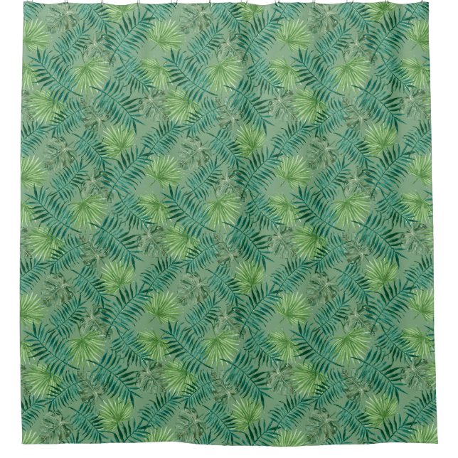 Tropical Palm Tree Leaves Pattern Green Shower Curtain (Front)