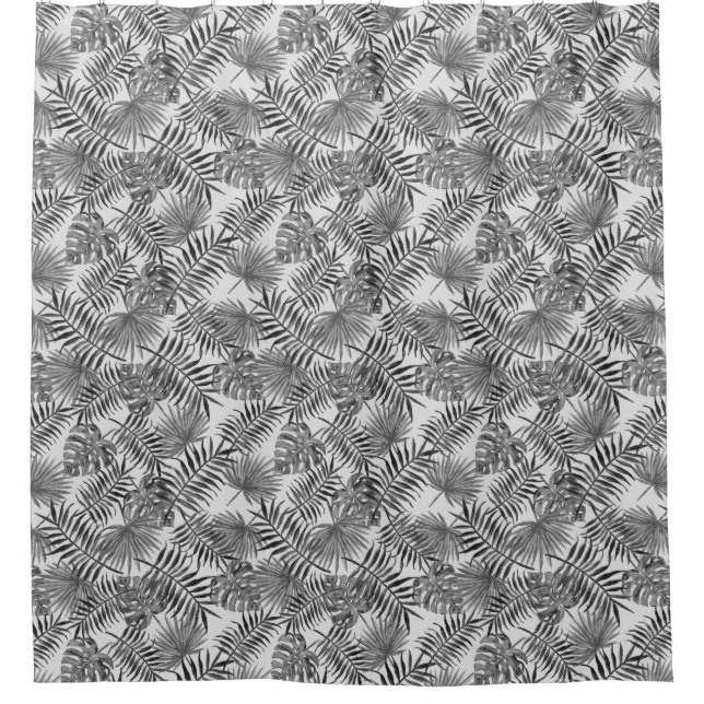 Tropical Palm Tree Leaves Pattern Grey Silver Shower Curtain (Front)