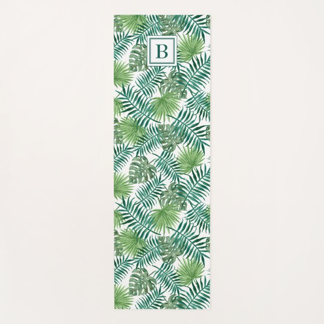 Tropical Palm Tree Leaves Pattern Monogrammed Yoga Mat (Front)