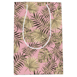 Tropical Palm Tree Leaves Pattern Pink Gold Medium Gift Bag