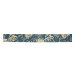 Tropical Palm Tree Leaves Pattern Teal Blue Gold Satin Ribbon