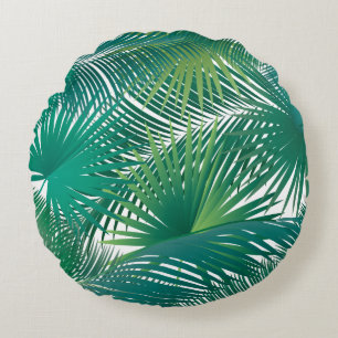 Tropical Palm Tree Leaves Pattern Watercolor Trend Round Cushion