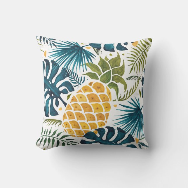 Tropical palm tree leaves pineapple green white cushion (Front)