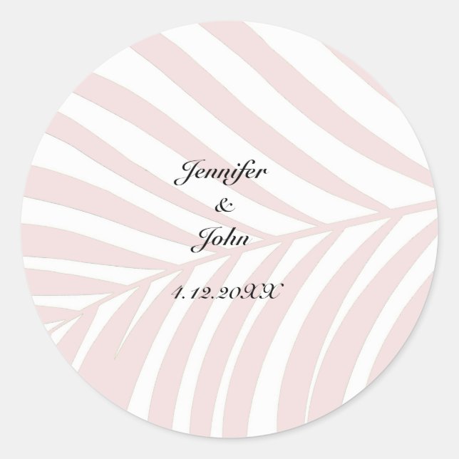 Tropical Palm Tree Leaves Wedding Names Peach Pink Classic Round Sticker (Front)