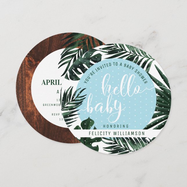 Tropical Palm Tree Leaves & Wood Boy Baby Shower Invitation (Front/Back)