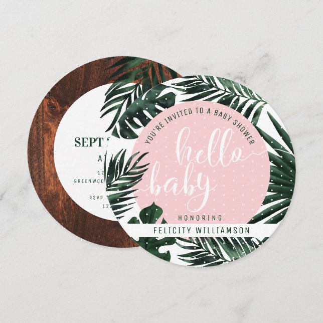 Tropical Palm Tree Leaves & Wood Girl Baby Shower Invitation (Front/Back)