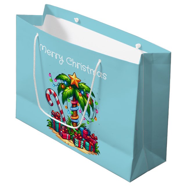 Tropical Palm Tree Merry Christmas Large Gift Bag (Front Angled)
