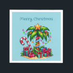 Tropical Palm Tree Merry Christmas Napkin<br><div class="desc">Paper napkins with a seasonal holiday image. A tropical palm tree decorated in festive lights with a star on top. A giant red and white candy cane sticking out of the sand. Christmas presents under the tree. Whimsical and fun.</div>