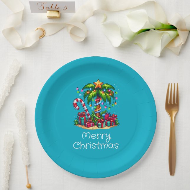 Tropical Palm Tree Merry Christmas Paper Plate (Wedding)