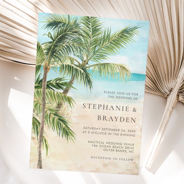 Tropical Palm Tree Modern Beach Wedding Invitation (Creator Uploaded)