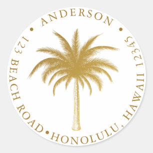 Tropical Palm Tree Modern Gold Return Address Classic Round Sticker